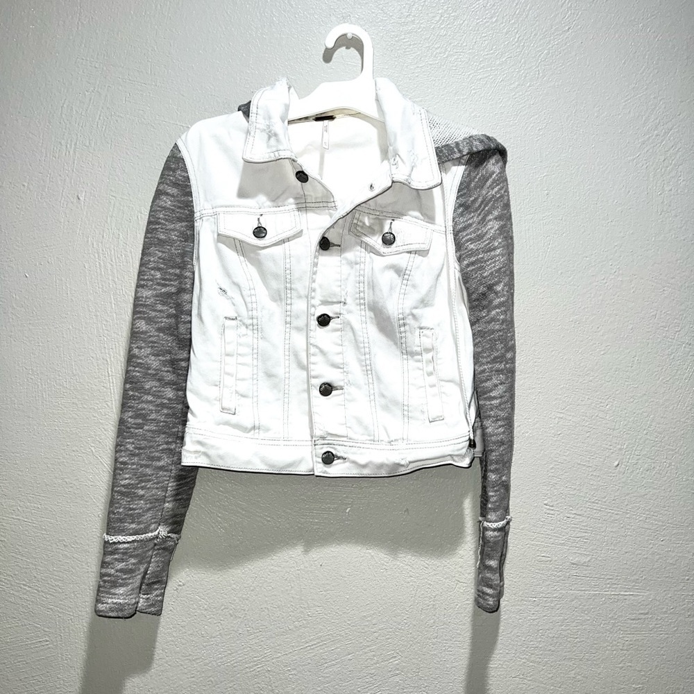 Free People White Gray Distressed Hooded Denim Knit Jacket